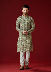 Ensemble pyjama Kurta en coton jaune verdâtre pour homme